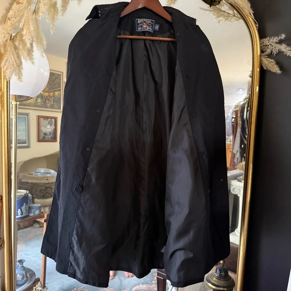 American Living Long Black Trench Coat with Collar & Back Storm Flap Vintage - Picture 8 of 16